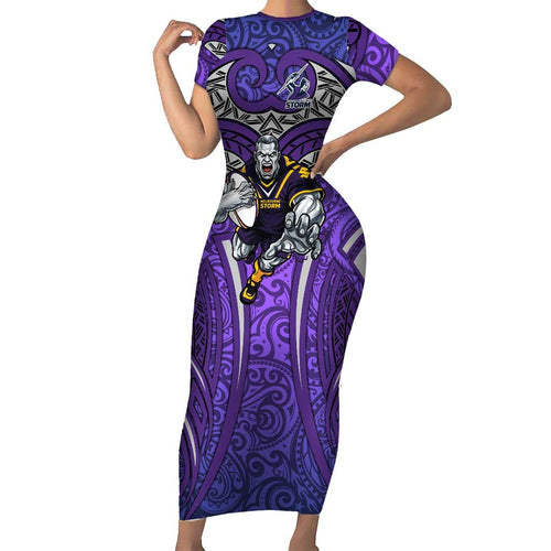 Melbourne Storm Rugby Family Matching Short Sleeve Bodycon Dress and Hawaiian Shirt Polynesian Tribal Warrior Lightning Purple Pattern