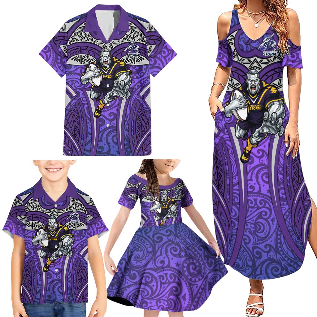 Melbourne Storm Rugby Family Matching Summer Maxi Dress and Hawaiian Shirt Polynesian Tribal Warrior Lightning Purple Pattern