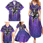 Melbourne Storm Rugby Family Matching Summer Maxi Dress and Hawaiian Shirt Polynesian Tribal Warrior Lightning Purple Pattern