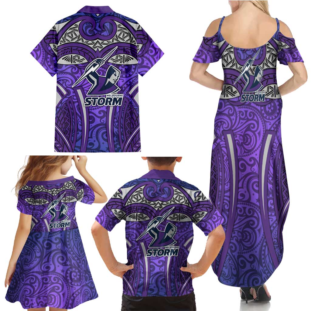 Melbourne Storm Rugby Family Matching Summer Maxi Dress and Hawaiian Shirt Polynesian Tribal Warrior Lightning Purple Pattern