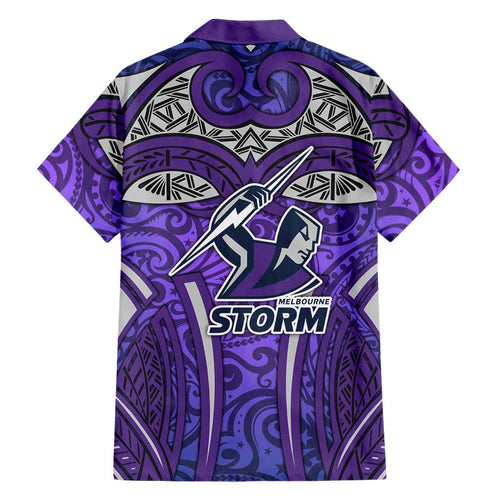 Melbourne Storm Rugby Family Matching Summer Maxi Dress and Hawaiian Shirt Polynesian Tribal Warrior Lightning Purple Pattern