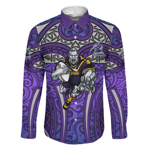 Melbourne Storm Rugby Family Matching Summer Maxi Dress and Hawaiian Shirt Polynesian Tribal Warrior Lightning Purple Pattern