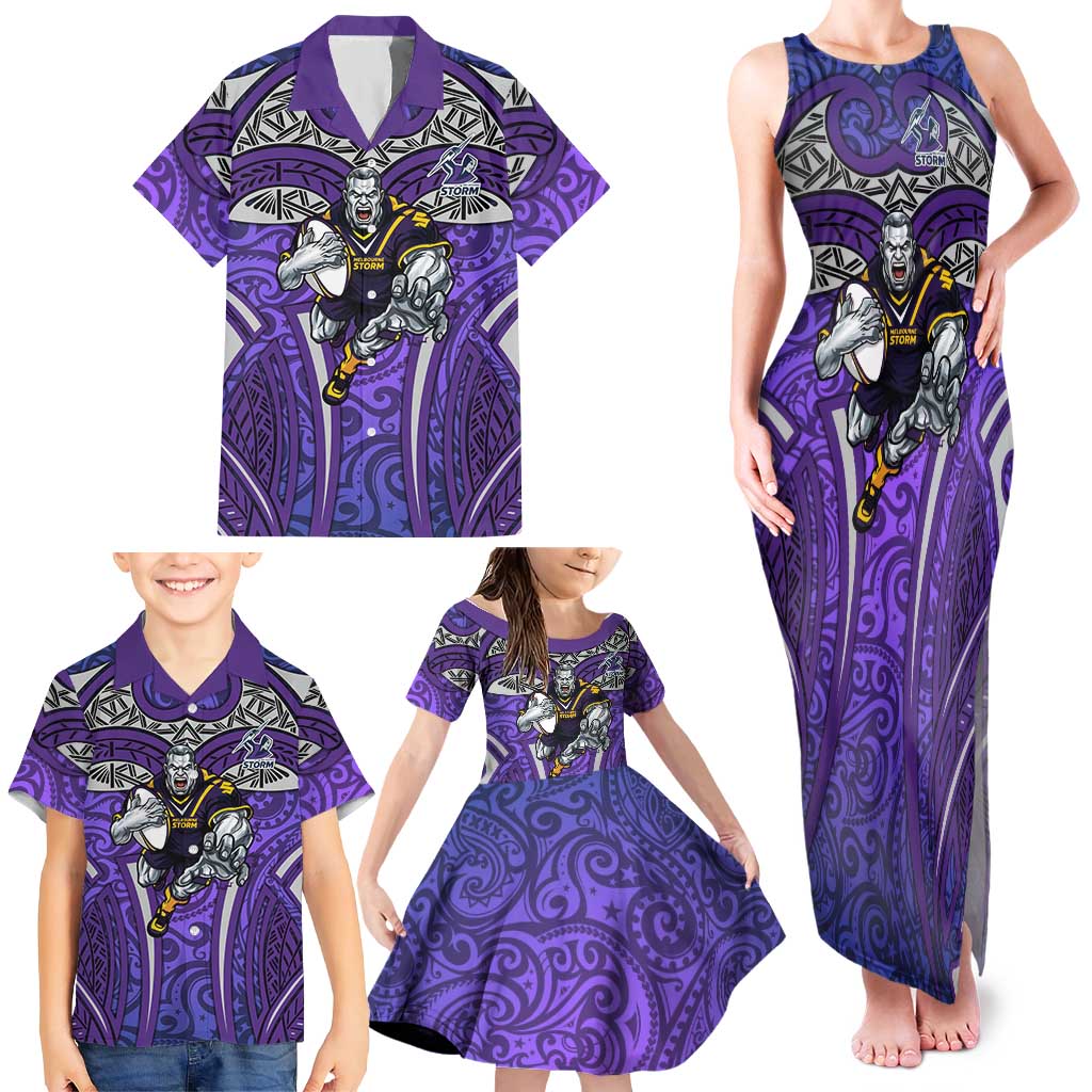 Melbourne Storm Rugby Family Matching Tank Maxi Dress and Hawaiian Shirt Polynesian Tribal Warrior Lightning Purple Pattern