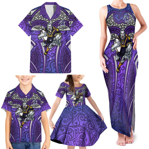 Melbourne Storm Rugby Family Matching Tank Maxi Dress and Hawaiian Shirt Polynesian Tribal Warrior Lightning Purple Pattern