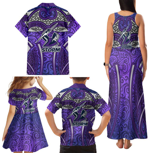 Melbourne Storm Rugby Family Matching Tank Maxi Dress and Hawaiian Shirt Polynesian Tribal Warrior Lightning Purple Pattern