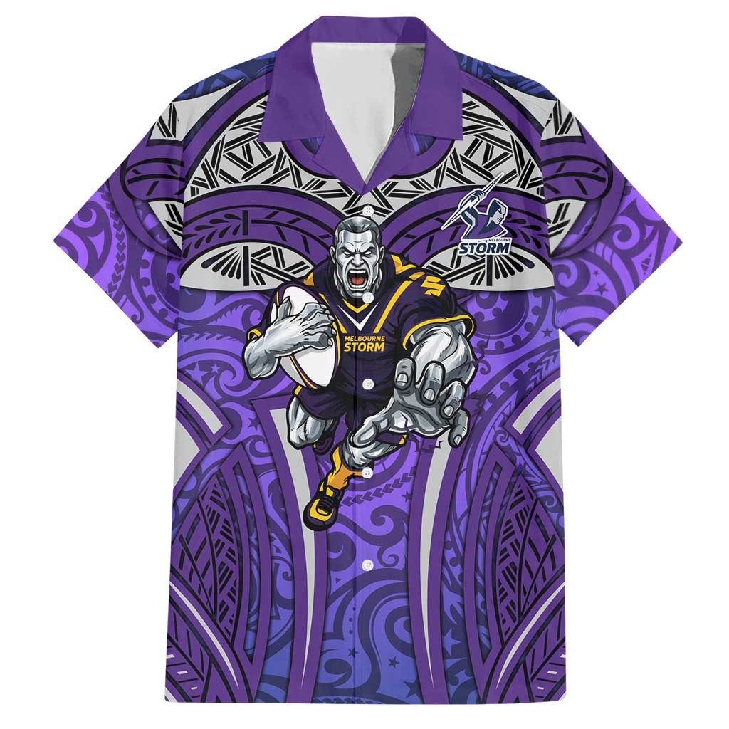 Melbourne Storm Rugby Hawaiian Shirt Polynesian Tribal Warrior Lightning Purple Pattern