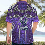 Melbourne Storm Rugby Hawaiian Shirt Polynesian Tribal Warrior Lightning Purple Pattern