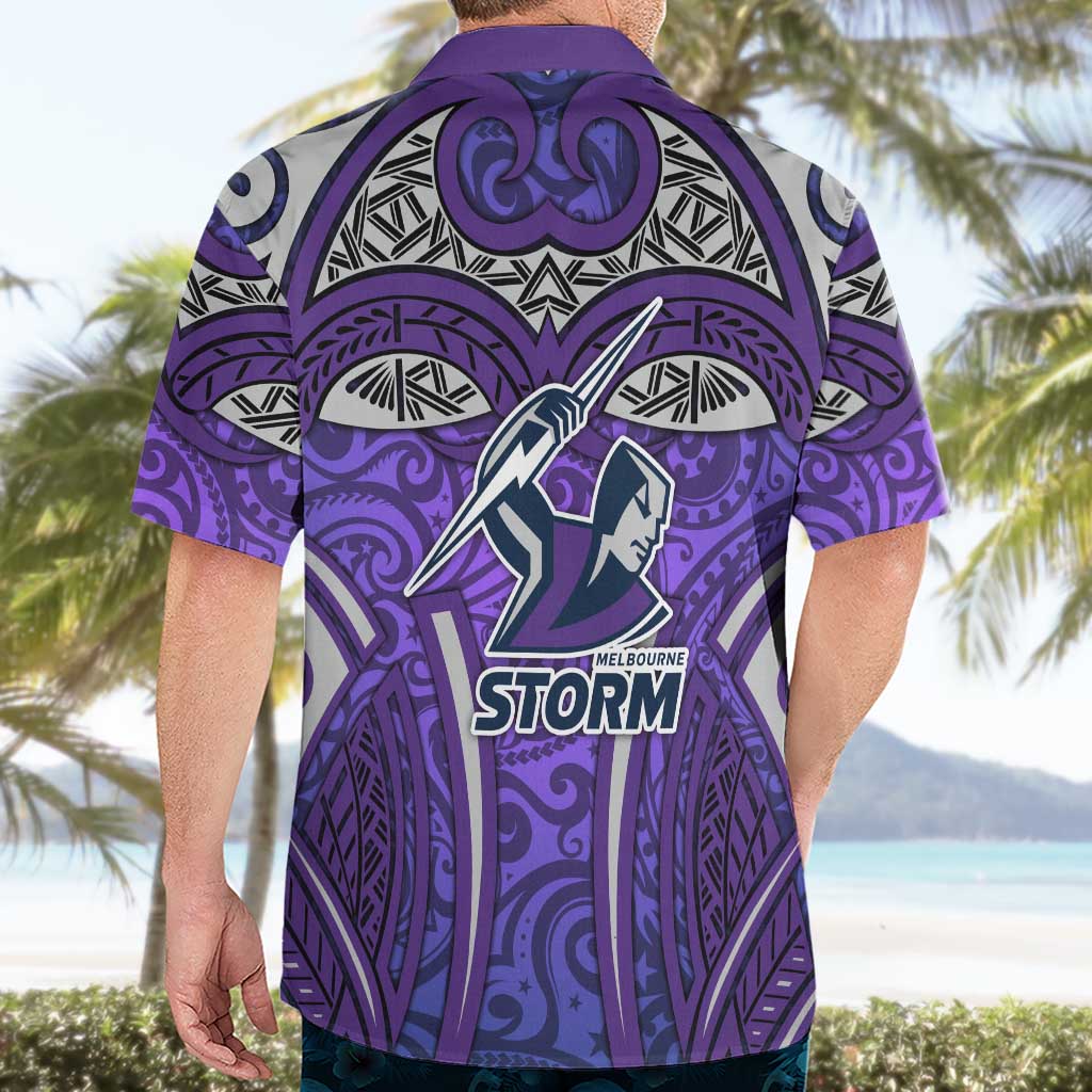 Melbourne Storm Rugby Hawaiian Shirt Polynesian Tribal Warrior Lightning Purple Pattern