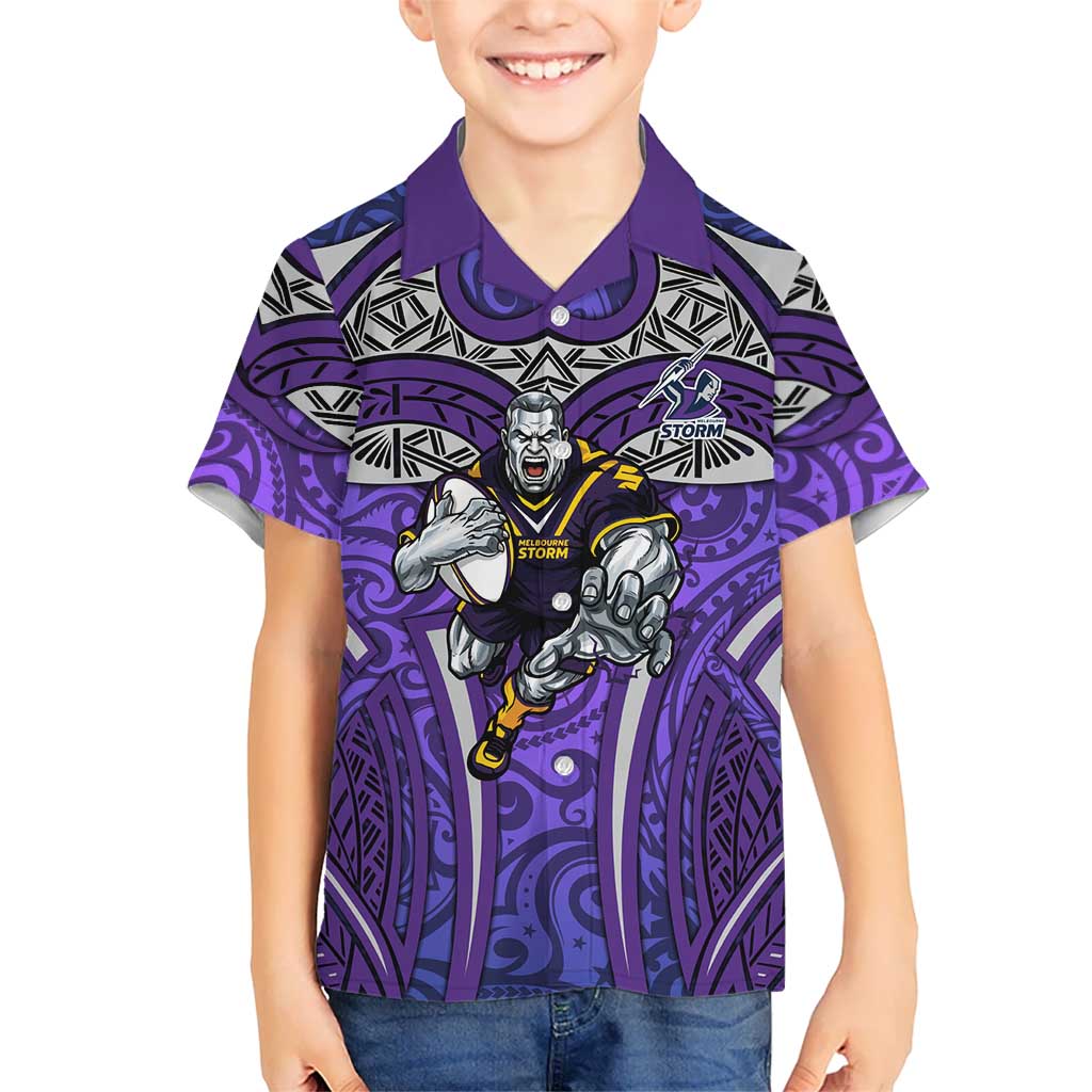 Melbourne Storm Rugby Hawaiian Shirt Polynesian Tribal Warrior Lightning Purple Pattern