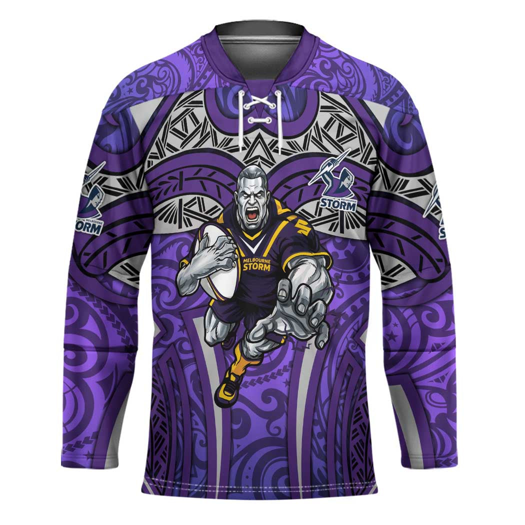 Melbourne Storm Rugby Hockey Jersey Polynesian Tribal Warrior Lightning Purple Pattern
