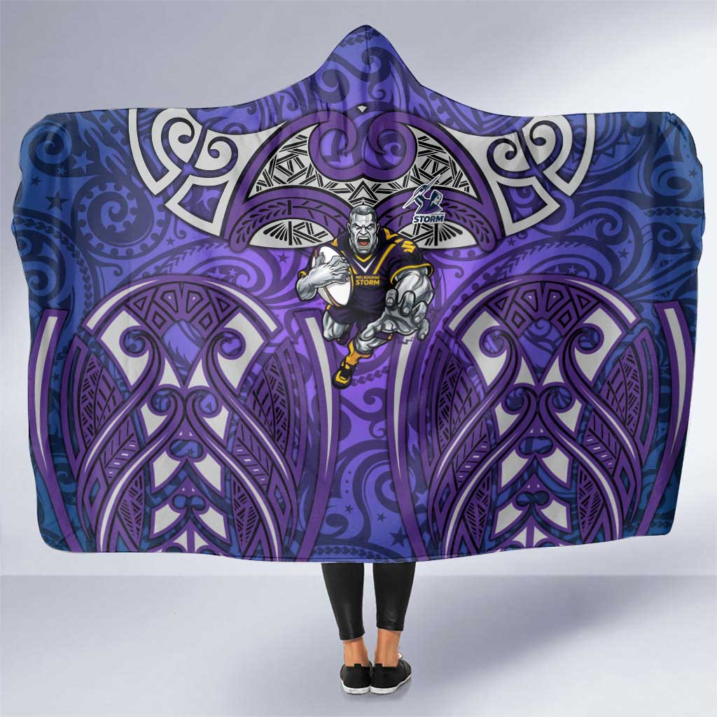 Melbourne Storm Rugby Hooded Blanket Polynesian Tribal Warrior Lightning Purple Pattern