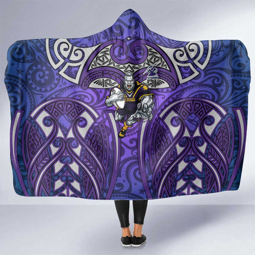 Melbourne Storm Rugby Hooded Blanket Polynesian Tribal Warrior Lightning Purple Pattern