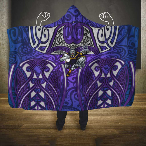 Melbourne Storm Rugby Hooded Blanket Polynesian Tribal Warrior Lightning Purple Pattern
