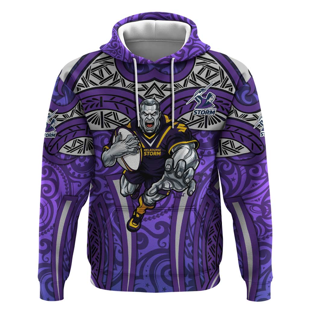Melbourne Storm Rugby Hoodie Polynesian Tribal Warrior Lightning Purple Pattern