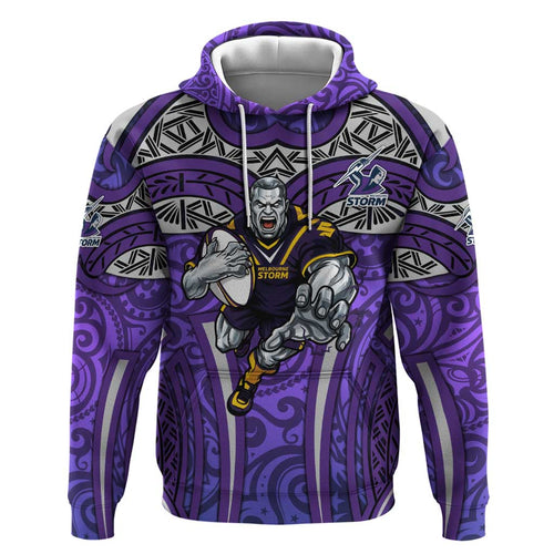 Melbourne Storm Rugby Hoodie Polynesian Tribal Warrior Lightning Purple Pattern