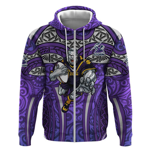 Melbourne Storm Rugby Hoodie Polynesian Tribal Warrior Lightning Purple Pattern