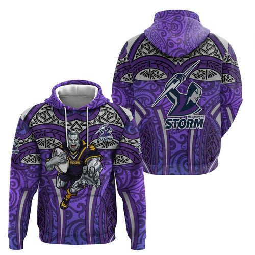 Melbourne Storm Rugby Hoodie Polynesian Tribal Warrior Lightning Purple Pattern