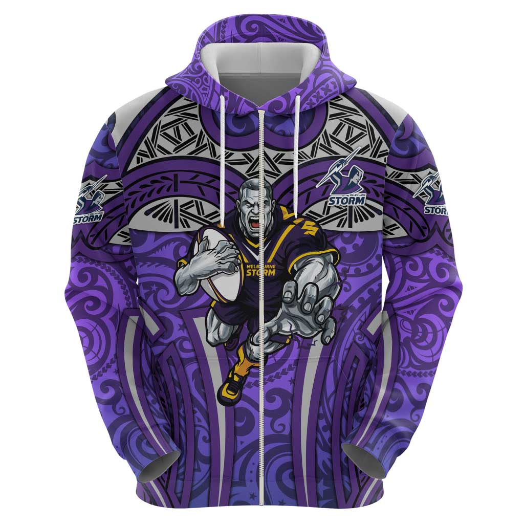 Melbourne Storm Rugby Hoodie Polynesian Tribal Warrior Lightning Purple Pattern