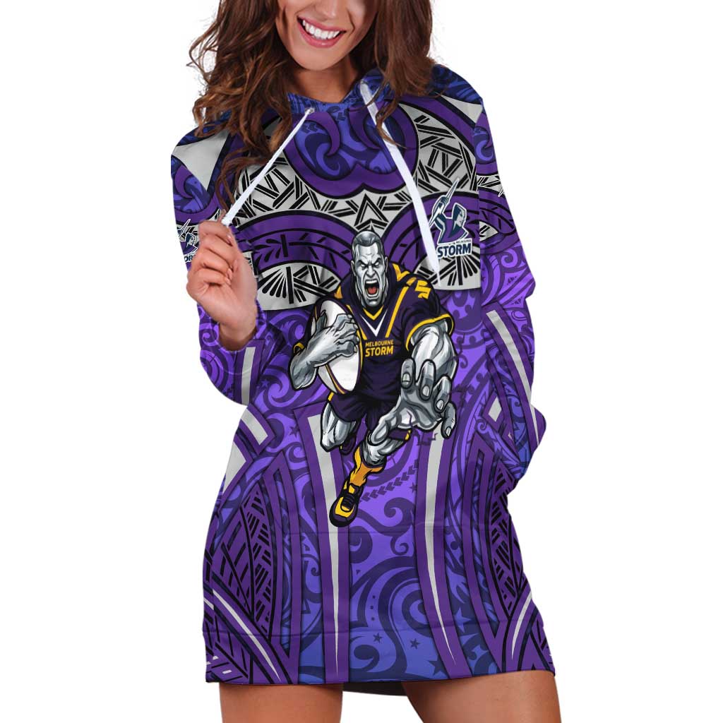 Melbourne Storm Rugby Hoodie Dress Polynesian Tribal Warrior Lightning Purple Pattern