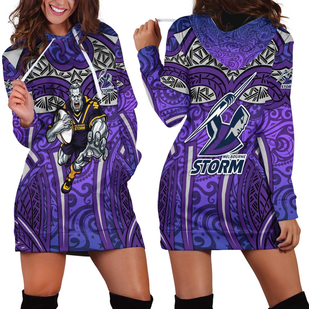 Melbourne Storm Rugby Hoodie Dress Polynesian Tribal Warrior Lightning Purple Pattern
