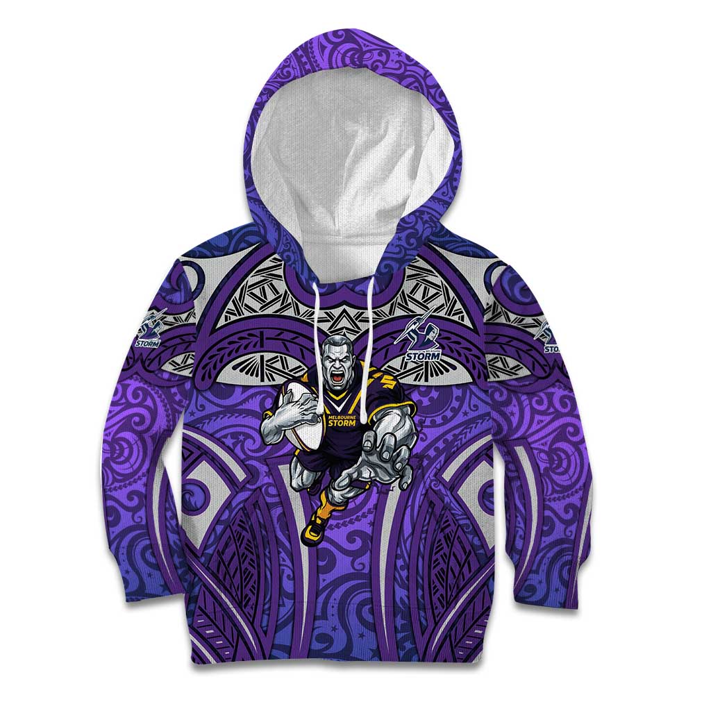 Melbourne Storm Rugby Kid Hoodie Polynesian Tribal Warrior Lightning Purple Pattern