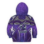 Melbourne Storm Rugby Kid Hoodie Polynesian Tribal Warrior Lightning Purple Pattern