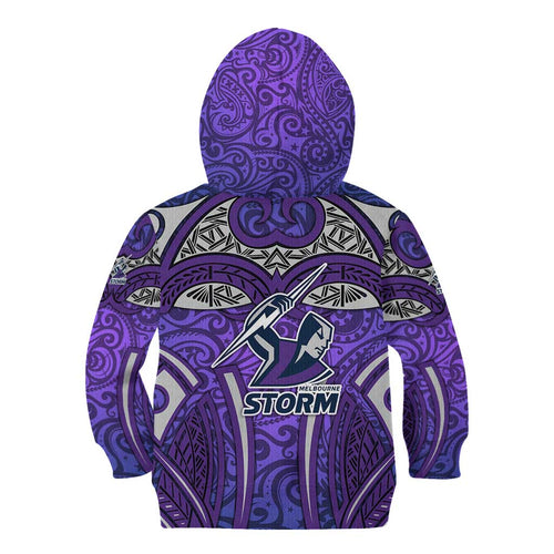 Melbourne Storm Rugby Kid Hoodie Polynesian Tribal Warrior Lightning Purple Pattern