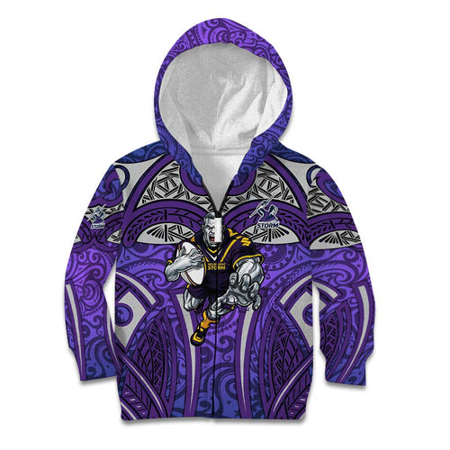Melbourne Storm Rugby Kid Hoodie Polynesian Tribal Warrior Lightning Purple Pattern