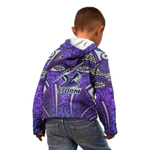 Melbourne Storm Rugby Kid Hoodie Polynesian Tribal Warrior Lightning Purple Pattern