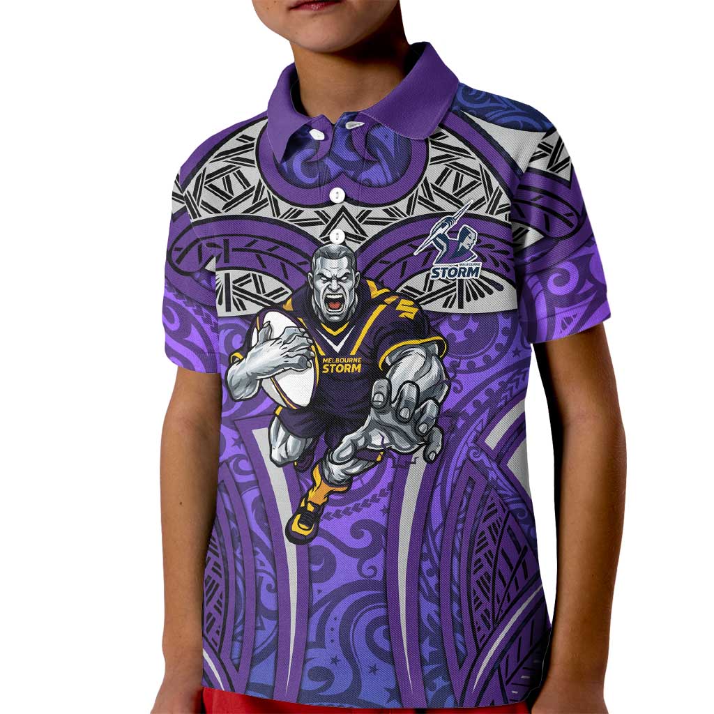 Melbourne Storm Rugby Kid Polo Shirt Polynesian Tribal Warrior Lightning Purple Pattern