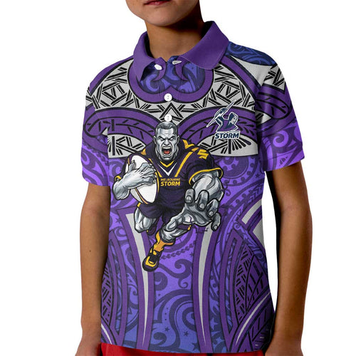 Melbourne Storm Rugby Kid Polo Shirt Polynesian Tribal Warrior Lightning Purple Pattern