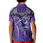 Melbourne Storm Rugby Kid Polo Shirt Polynesian Tribal Warrior Lightning Purple Pattern