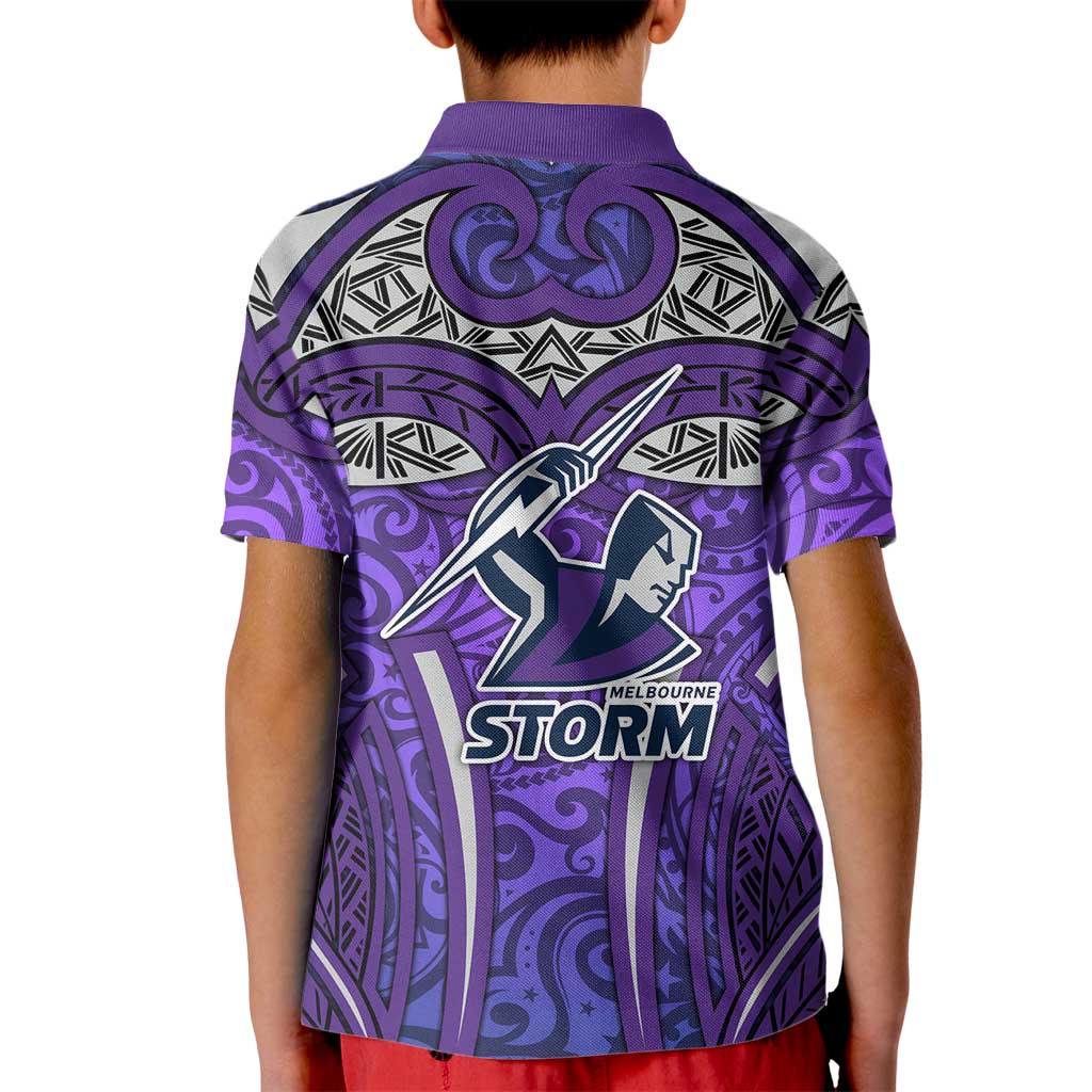 Melbourne Storm Rugby Kid Polo Shirt Polynesian Tribal Warrior Lightning Purple Pattern