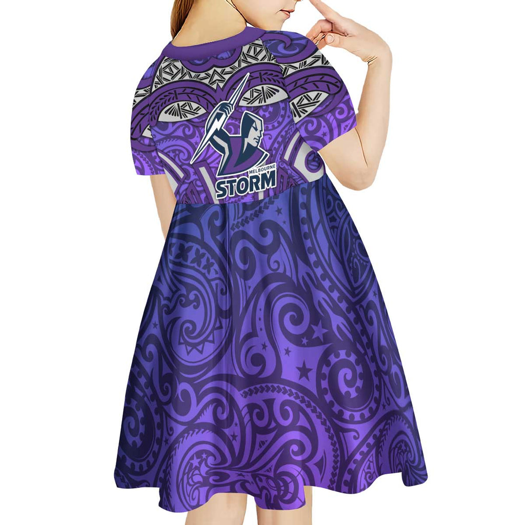 Melbourne Storm Rugby Kid Short Sleeve Dress Polynesian Tribal Warrior Lightning Purple Pattern
