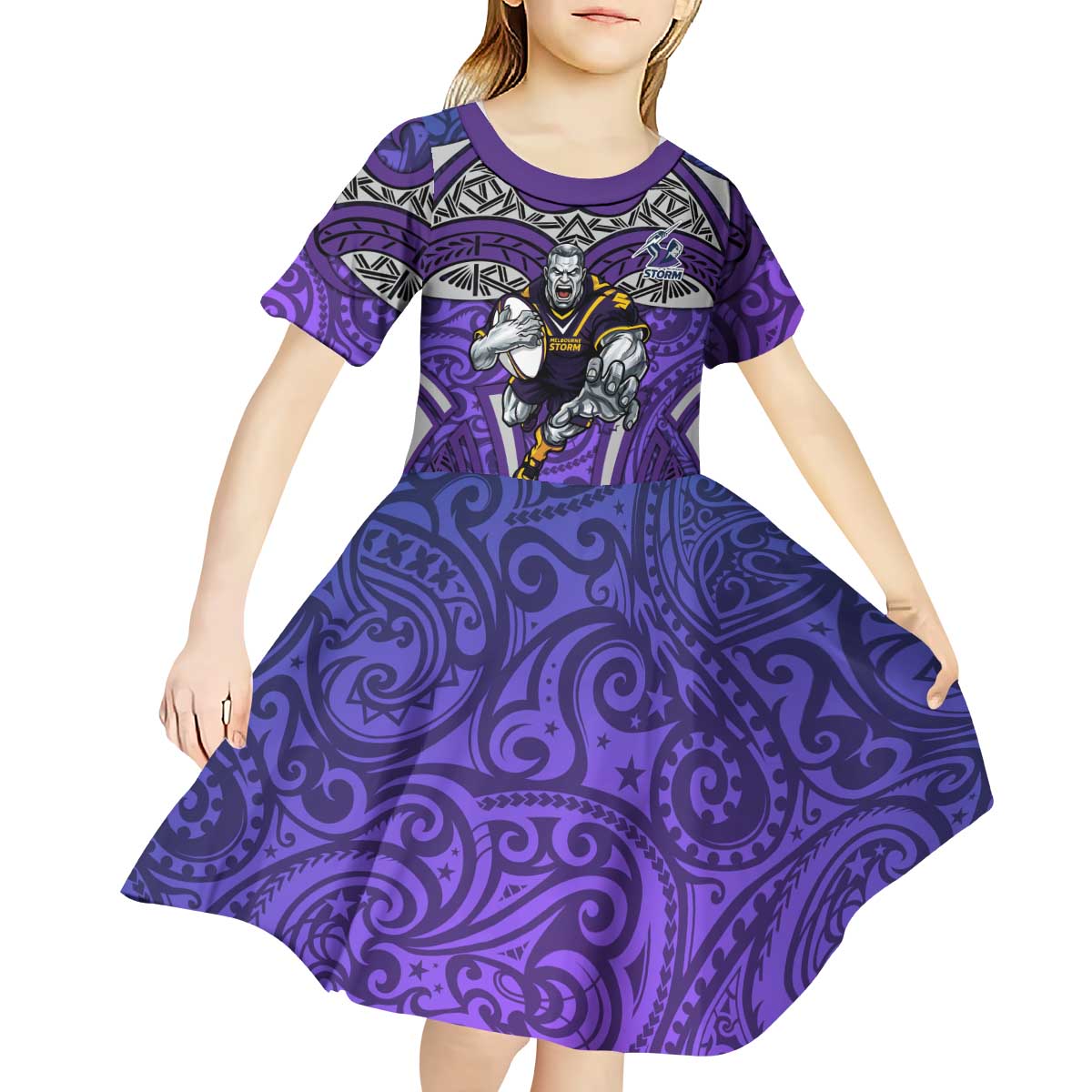 Melbourne Storm Rugby Kid Short Sleeve Dress Polynesian Tribal Warrior Lightning Purple Pattern