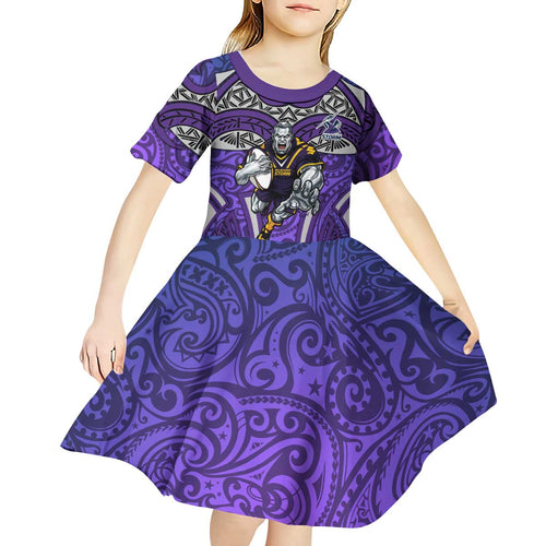 Melbourne Storm Rugby Kid Short Sleeve Dress Polynesian Tribal Warrior Lightning Purple Pattern
