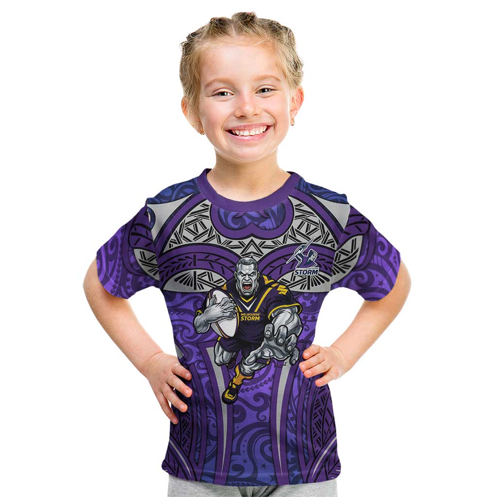 Melbourne Storm Rugby Kid T Shirt Polynesian Tribal Warrior Lightning Purple Pattern