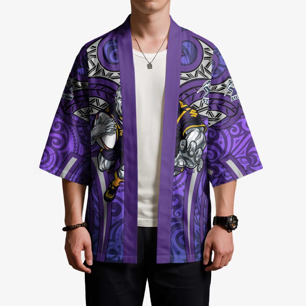 Melbourne Storm Rugby Kimono Polynesian Tribal Warrior Lightning Purple Pattern