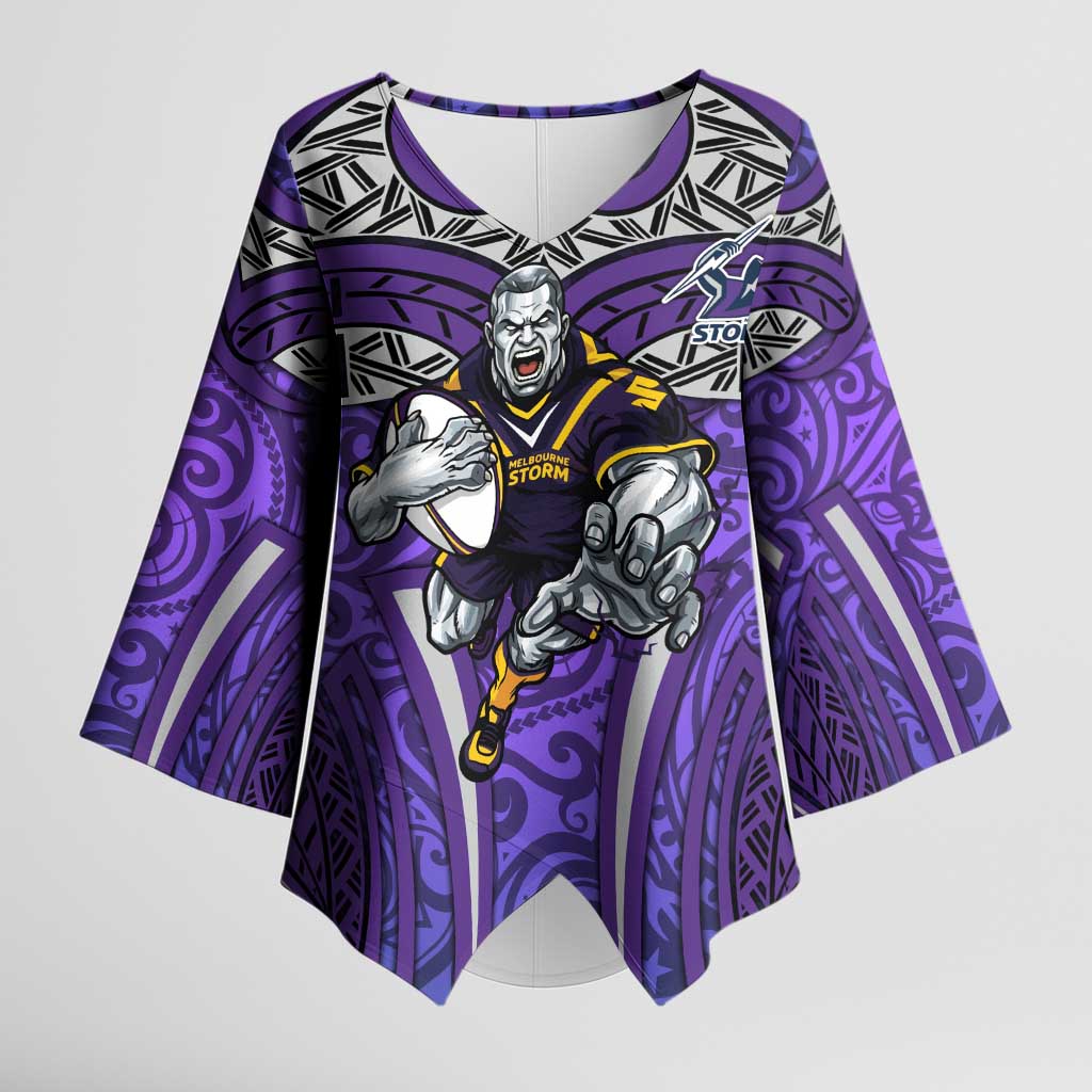 Melbourne Storm Rugby Kimono Sleeve Blouse Polynesian Tribal Warrior Lightning Purple Pattern