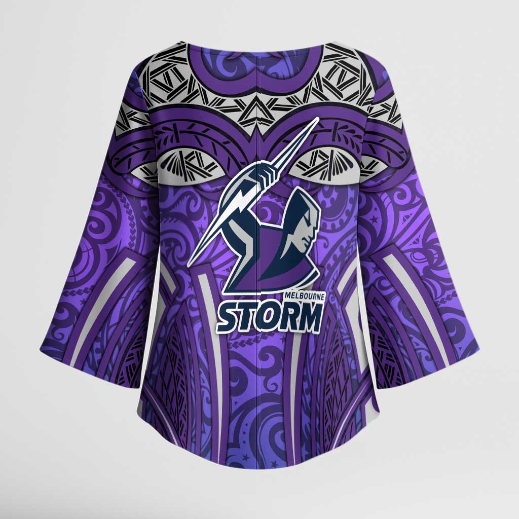 Melbourne Storm Rugby Kimono Sleeve Blouse Polynesian Tribal Warrior Lightning Purple Pattern