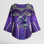 Melbourne Storm Rugby Kimono Sleeve Blouse Polynesian Tribal Warrior Lightning Purple Pattern