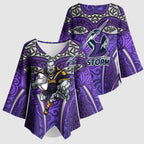 Melbourne Storm Rugby Kimono Sleeve Blouse Polynesian Tribal Warrior Lightning Purple Pattern