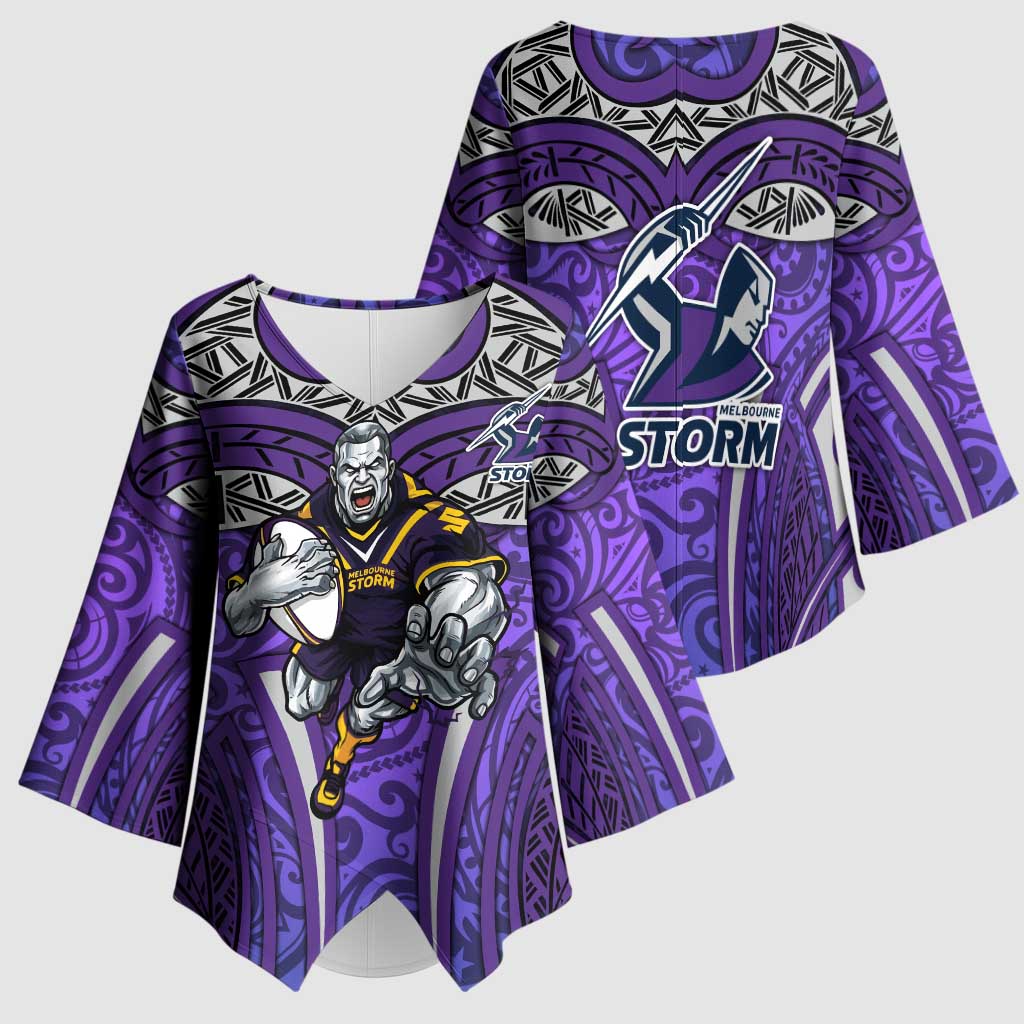 Melbourne Storm Rugby Kimono Sleeve Blouse Polynesian Tribal Warrior Lightning Purple Pattern