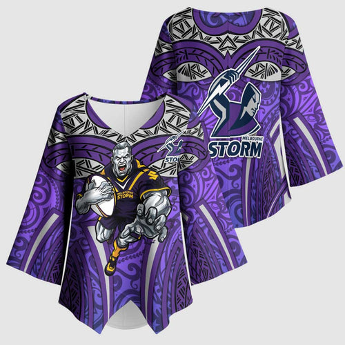 Melbourne Storm Rugby Kimono Sleeve Blouse Polynesian Tribal Warrior Lightning Purple Pattern