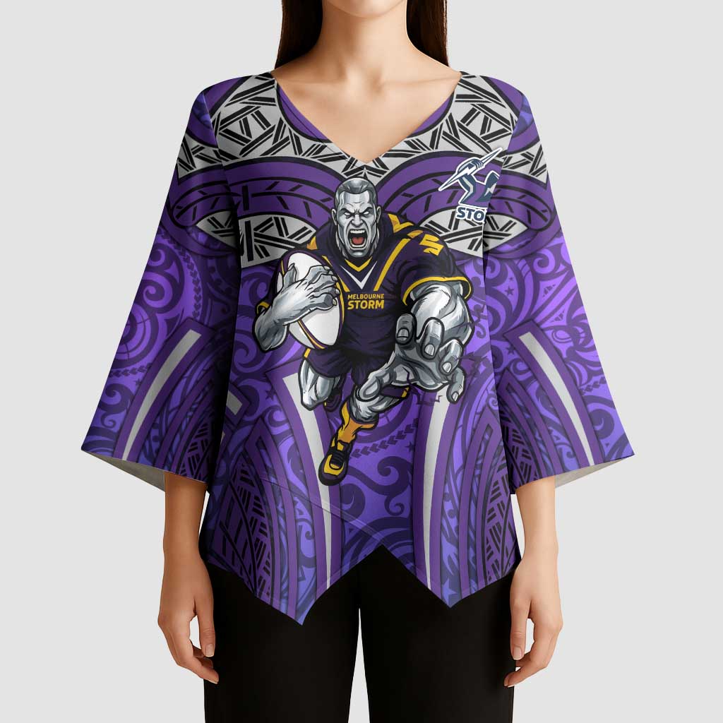 Melbourne Storm Rugby Kimono Sleeve Blouse Polynesian Tribal Warrior Lightning Purple Pattern