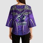 Melbourne Storm Rugby Kimono Sleeve Blouse Polynesian Tribal Warrior Lightning Purple Pattern