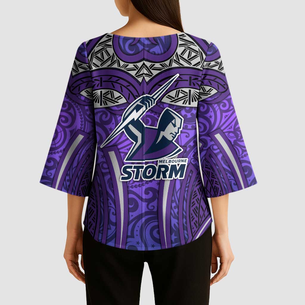Melbourne Storm Rugby Kimono Sleeve Blouse Polynesian Tribal Warrior Lightning Purple Pattern