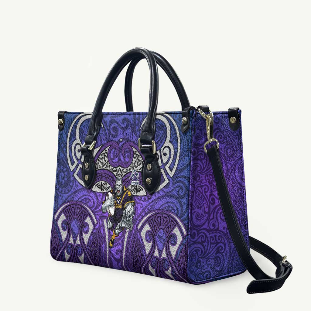 Melbourne Storm Rugby Leather Bag Polynesian Tribal Warrior Lightning Purple Pattern