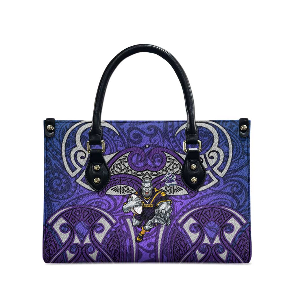 Melbourne Storm Rugby Leather Bag Polynesian Tribal Warrior Lightning Purple Pattern