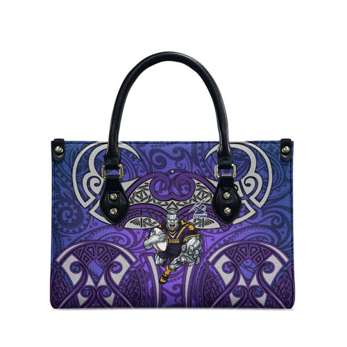 Melbourne Storm Rugby Leather Bag Polynesian Tribal Warrior Lightning Purple Pattern